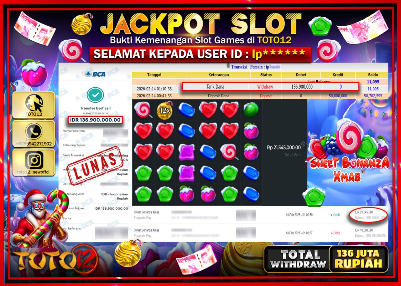 HANYA DI TOTO12 JP PASTI DI BAYAR LUNAS DAN CEPAT!!!!!! JACKPOT SLOT GAME (SWEET BONANZA XMAS) Rp.136.900.000!!!!