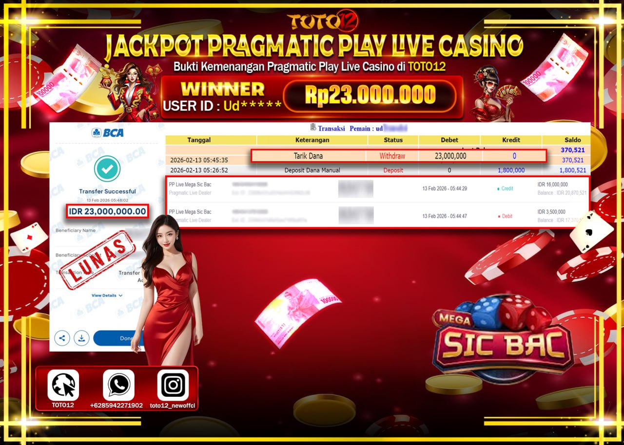 HANYA DI TOTO12 JP PASTI DI BAYAR LUNAS DAN CEPAT!!!!!! JACKPOT LIVE GAME CASINO (SIC BAC) Rp.23.000.000!!!!