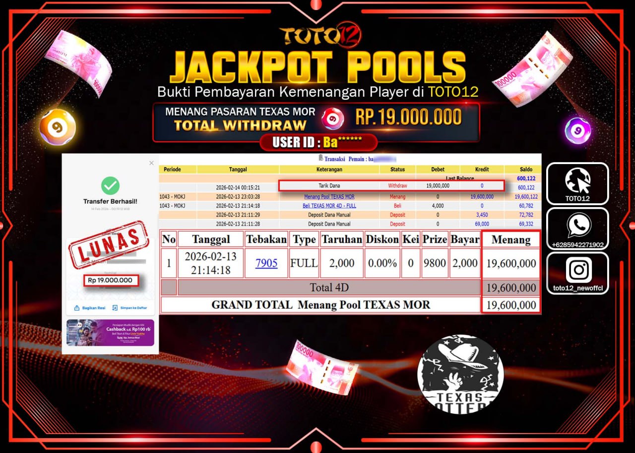 HANYA DI TOTO12 JP PASTI DI BAYAR LUNAS DAN CEPAT!!!!!! JACKPOT POOLS PASARAN (TEXAS MOR) Rp.19.000.000!!!!