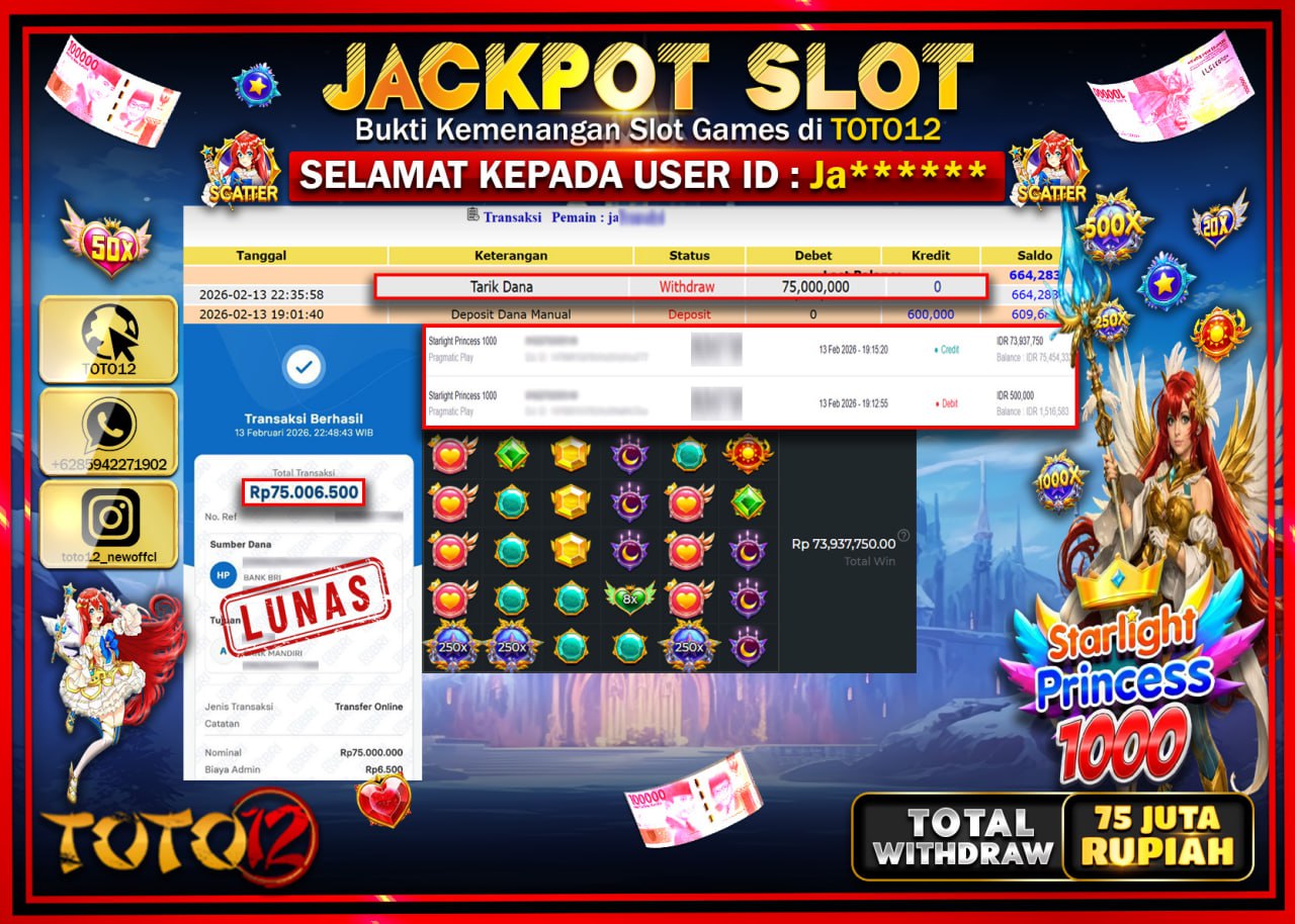 HANYA DI TOTO12 JP PASTI DI BAYAR LUNAS DAN CEPAT!!!!!! JACKPOT SLOT GAME (STARLIGHT PRINCESS 1000) Rp.75.000.000!!!!