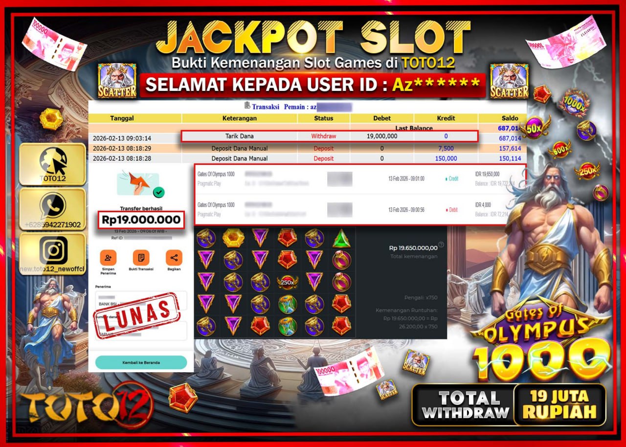 HANYA DI TOTO12 JP PASTI DI BAYAR LUNAS DAN CEPAT!!!!!! JACKPOT SLOT GAME (GATES OF OLYMPUS 1000) Rp.19.000.000!!!!