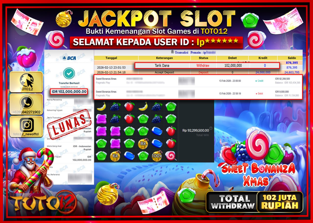 HANYA DI TOTO12 JP PASTI DI BAYAR LUNAS DAN CEPAT!!!!!! JACKPOT SLOT GAME (SWEET BONANZA XMAS) Rp.102.000.000!!!!