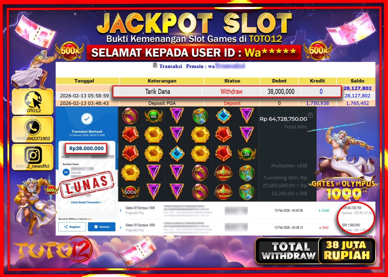 HANYA DI TOTO12 JP PASTI DI BAYAR LUNAS DAN CEPAT!!!!!! JACKPOT SLOT GAME (GATES OF OLYMPUS 1000) Rp.38.000.000!!!!