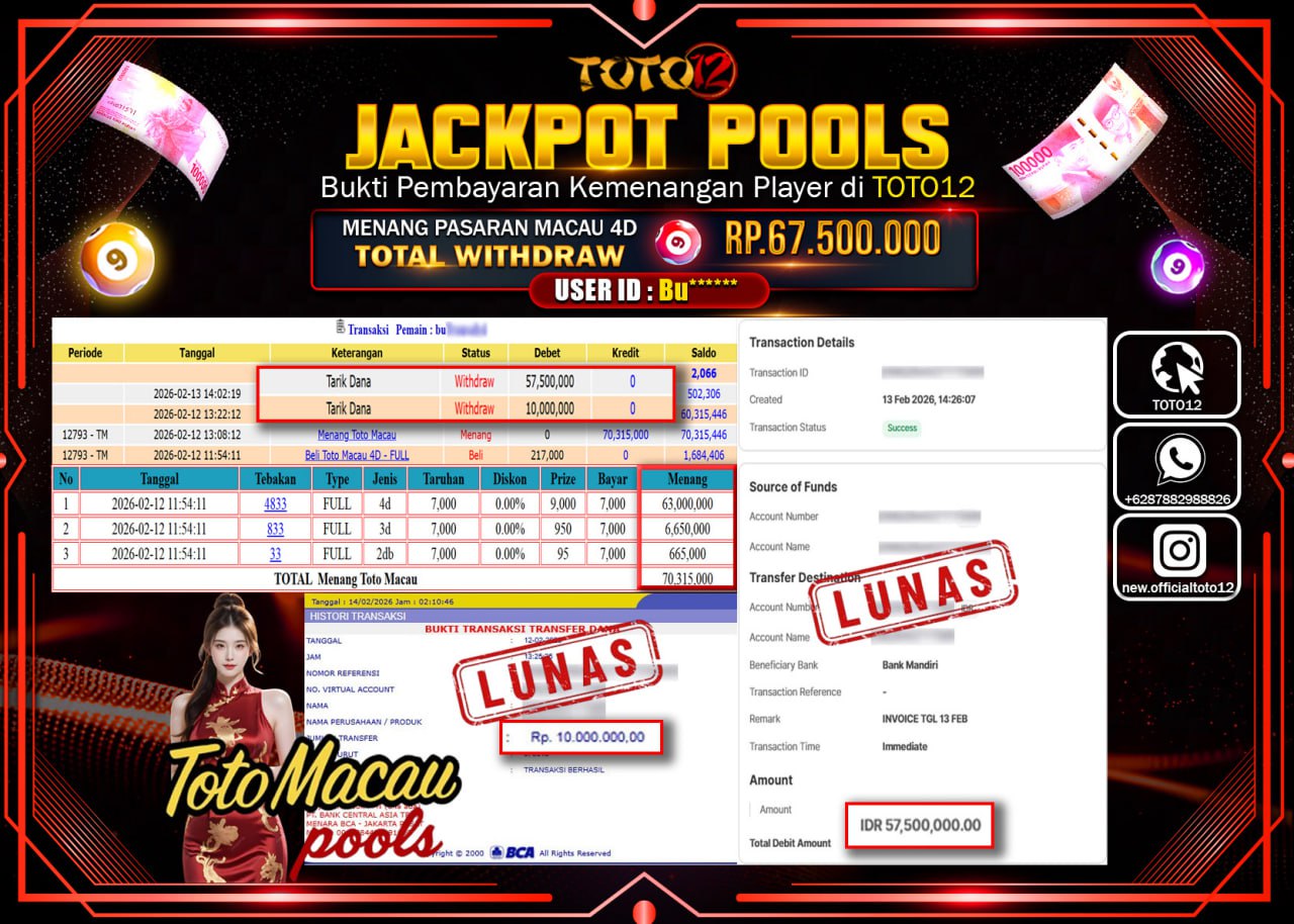 HANYA DI TOTO12 JP PASTI DI BAYAR LUNAS DAN CEPAT!!!!!! JACKPOT POOLS PASARAN (TOTOMACAU 4D) Rp.67.500.000!!!!