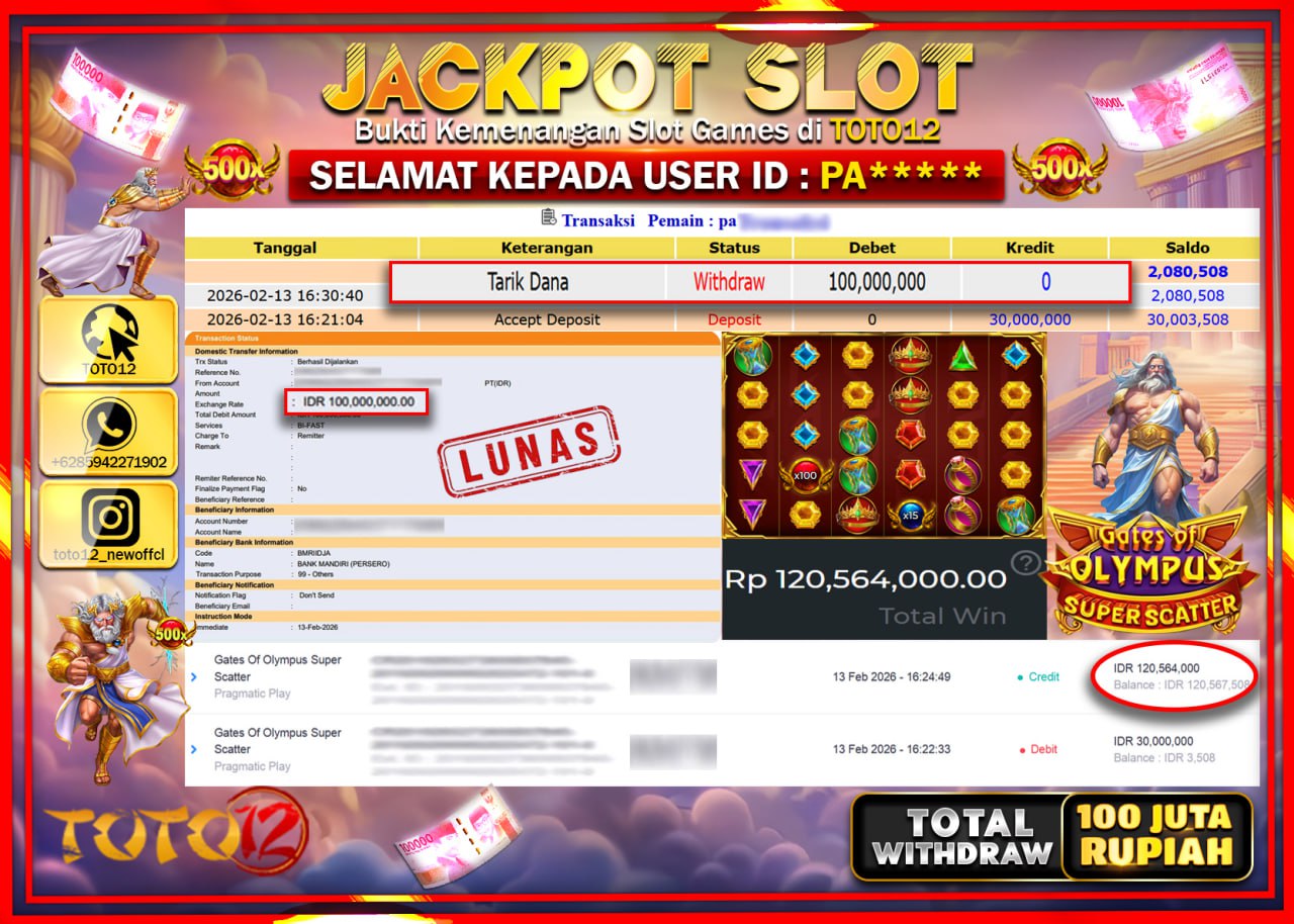 HANYA DI TOTO12 JP PASTI DI BAYAR LUNAS DAN CEPAT!!!!!! JACKPOT SLOT GAME (GATES OF OLYMPUS SUPER SCATTER) Rp.100.000.000!!!!