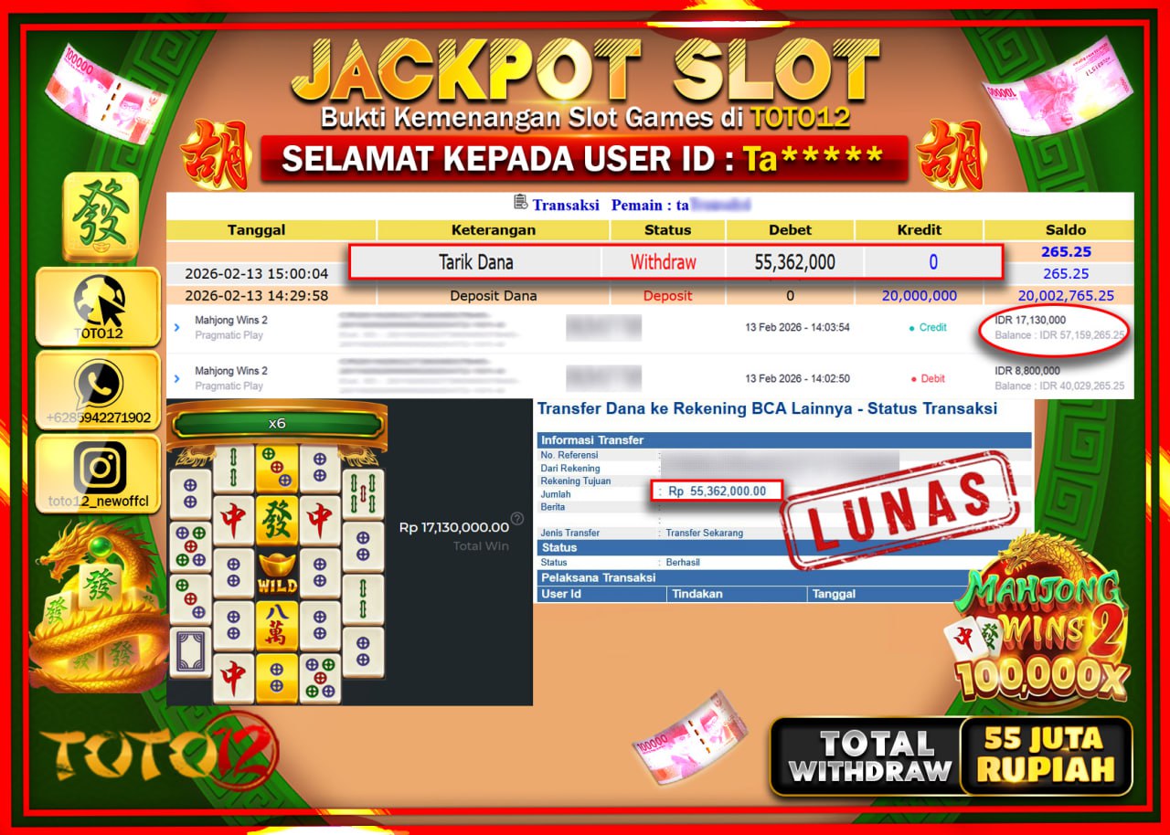 HANYA DI TOTO12 JP PASTI DI BAYAR LUNAS DAN CEPAT!!!!!! JACKPOT SLOT GAME (MAHJONG WINS 2) Rp.55.362.000!!!!