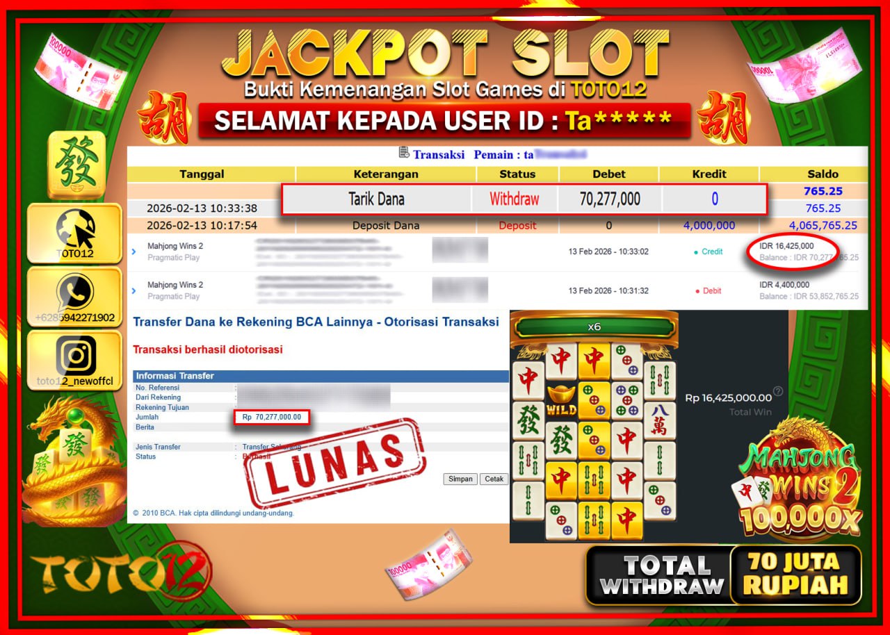 HANYA DI TOTO12 JP PASTI DI BAYAR LUNAS DAN CEPAT!!!!!! JACKPOT SLOT GAME (MAHJONG WINS 2) Rp.70.277.000!!!!