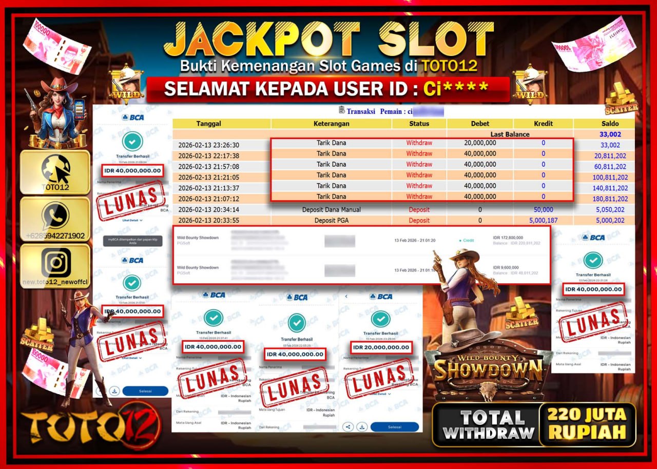 HANYA DI TOTO12 JP PASTI DI BAYAR LUNAS DAN CEPAT!!!!!! JACKPOT SLOT GAME (WILD BOUNTY SHOWDOWN) Rp.220.000.000!!!!