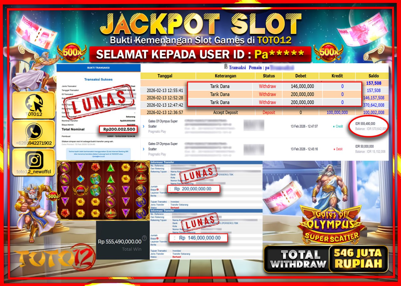 HANYA DI TOTO12 JP PASTI DI BAYAR LUNAS DAN CEPAT!!!!!! JACKPOT SLOT GAME (GATES OF OLYMPUS SUPER SCATTER) Rp.546.000.000!!!!