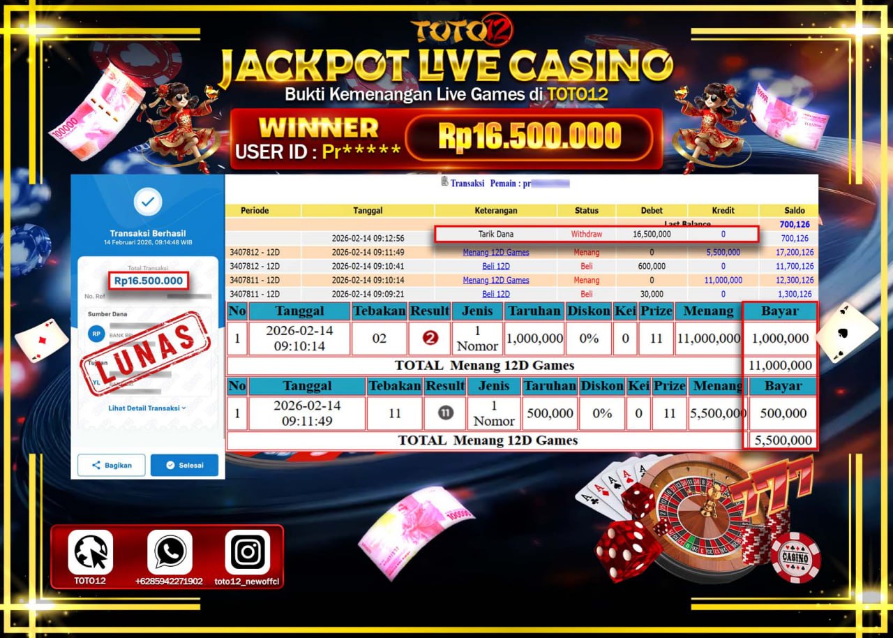 HANYA DI TOTO12 JP PASTI DI BAYAR LUNAS DAN CEPAT!!!!!! JACKPOT  LIVE GAME CASINO (12D) Rp.16.500.000!!!!