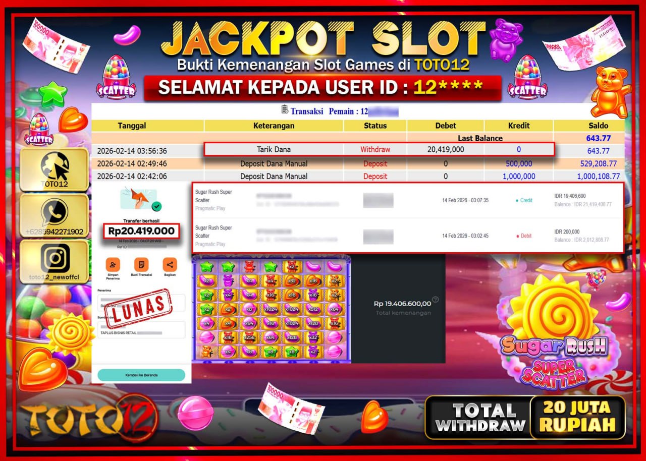 HANYA DI TOTO12 JP PASTI DI BAYAR LUNAS DAN CEPAT!!!!!! JACKPOT SLOT GAME (SUGAR RUSH SUPER SCATTER) Rp.20.419.000!!!!