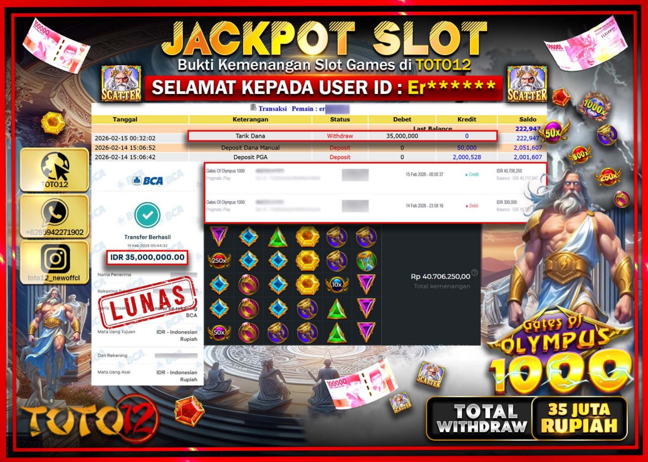 HANYA DI TOTO12 JP PASTI DI BAYAR LUNAS DAN CEPAT!!!!!! JACKPOT SLOT GAME (GATES OF OLYMPUS 1000) Rp.35.000.000!!!!