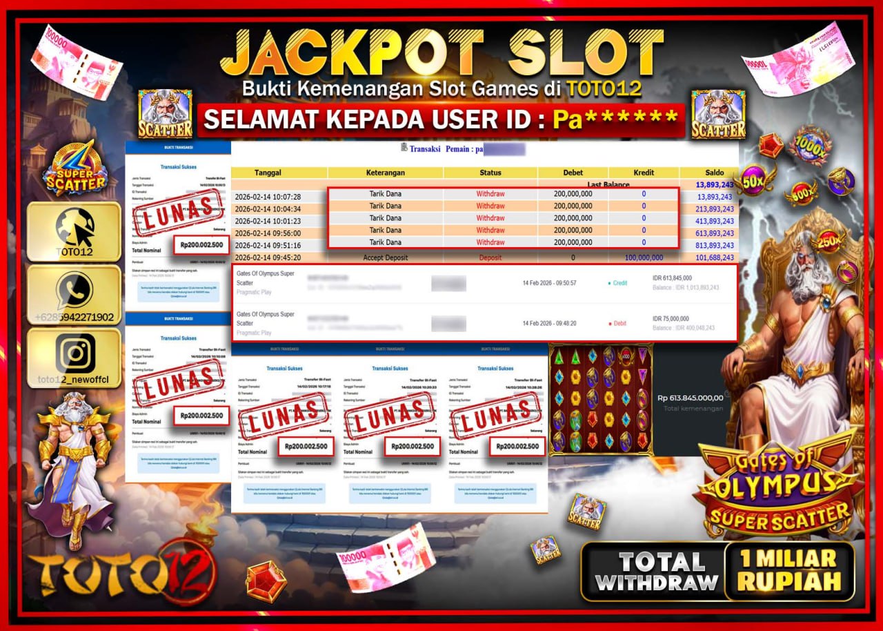 HANYA DI TOTO12 JP PASTI DI BAYAR LUNAS DAN CEPAT!!!!!! JACKPOT SLOT GAME (GATES OF OLYMPUS SUPER SCATTER) Rp.1.000.000.000!!!!