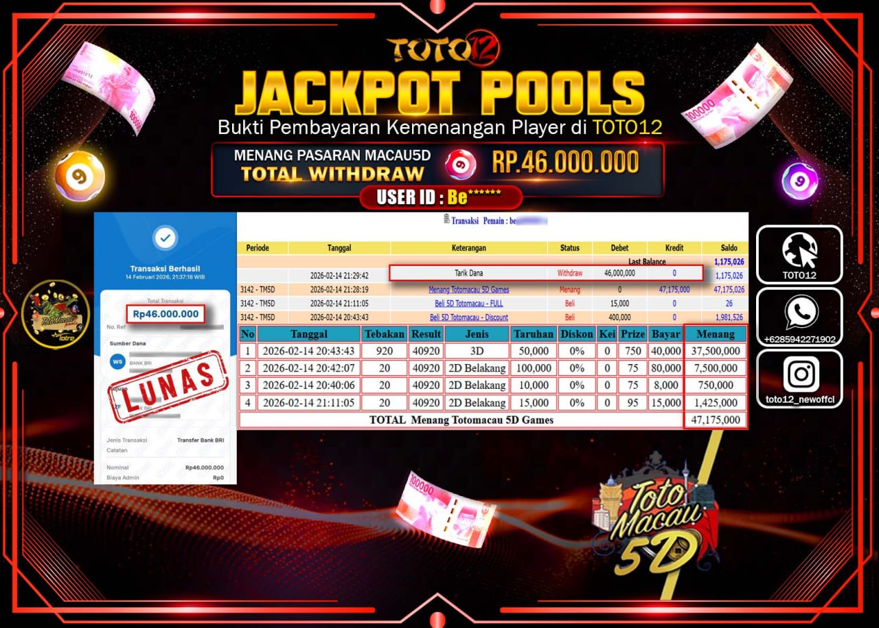 HANYA DI TOTO12 JP PASTI DI BAYAR LUNAS DAN CEPAT!!!!!! JACKPOT POOLS PASARAN (TOTOMACAU 5D) Rp.46.000.000!!!!