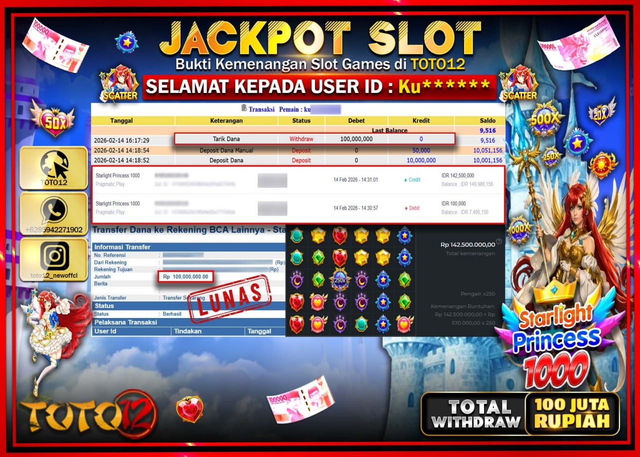 HANYA DI TOTO12 JP PASTI DI BAYAR LUNAS DAN CEPAT!!!!!! JACKPOT SLOT GAME (STARLIGHT PRINCESS 1000) Rp.100.000.000!!!!