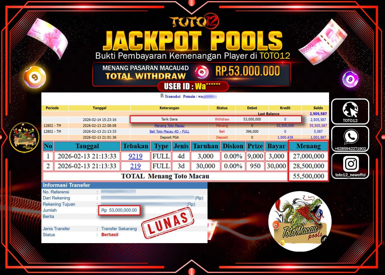 HANYA DI TOTO12 JP PASTI DI BAYAR LUNAS DAN CEPAT!!!!!! JACKPOT POOLS PASARAN (TOTOMACAU 4D) Rp.53.000.000!!!!