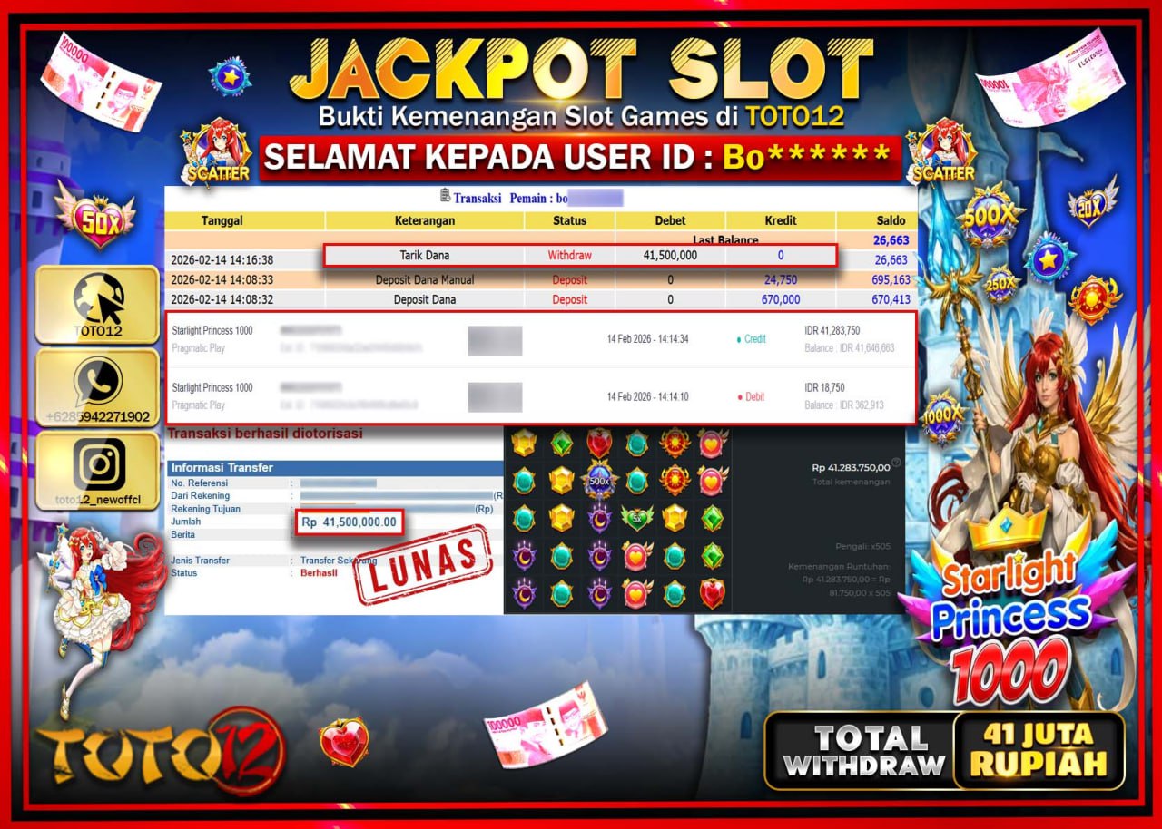 HANYA DI TOTO12 JP PASTI DI BAYAR LUNAS DAN CEPAT!!!!!! JACKPOT SLOT GAME (STARLIGHT PRINCESS 1000) Rp.41.500.000!!!!