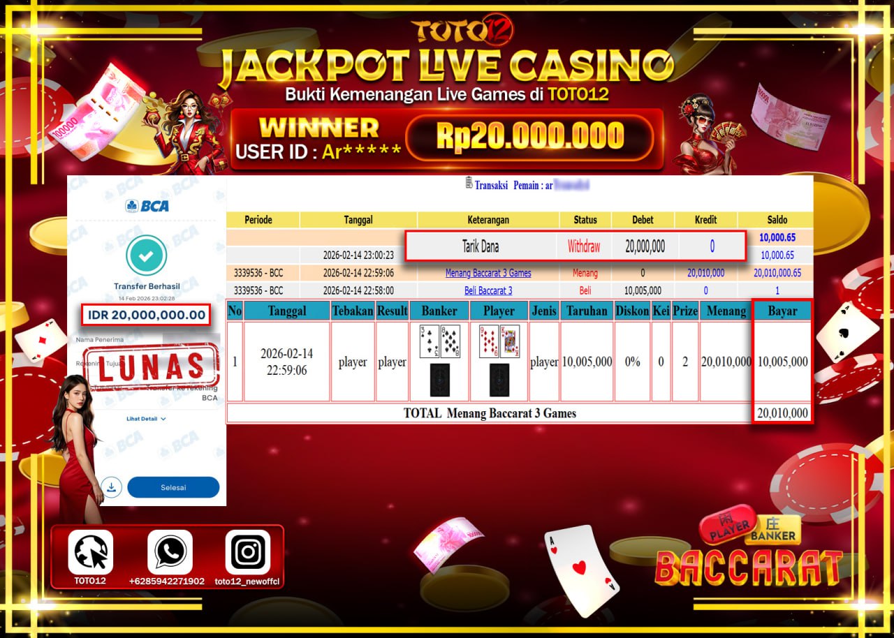 HANYA DI TOTO12 JP PASTI DI BAYAR LUNAS DAN CEPAT!!!!!! JACKPOT  LIVE GAME CASINO (BACCARAT) Rp.20.000.000!!!!