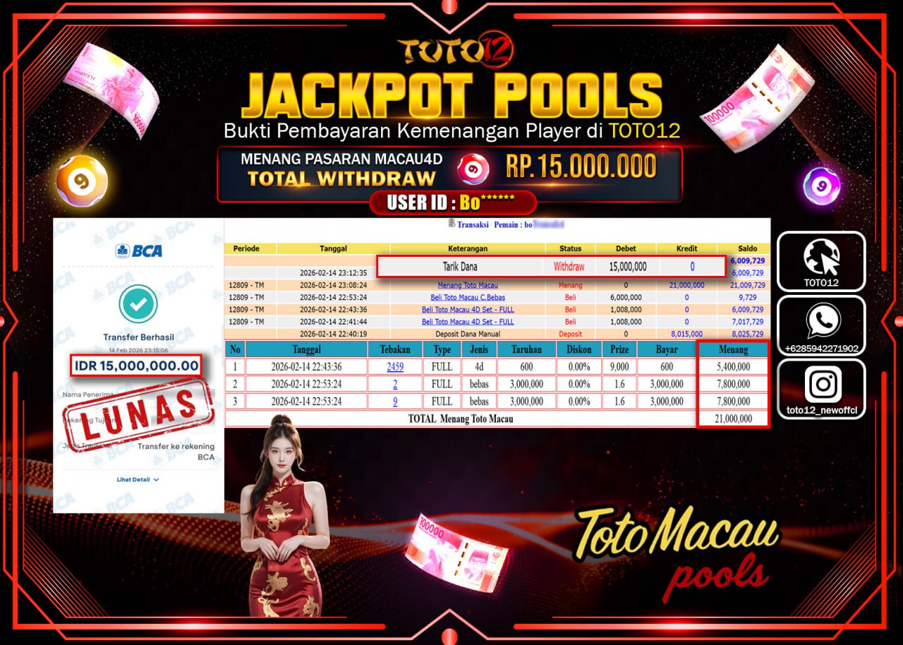 HANYA DI TOTO12 JP PASTI DI BAYAR LUNAS DAN CEPAT!!!!!! JACKPOT POOLS PASARAN (TOTOMACAU 4D) Rp.15.000.000!!!!
