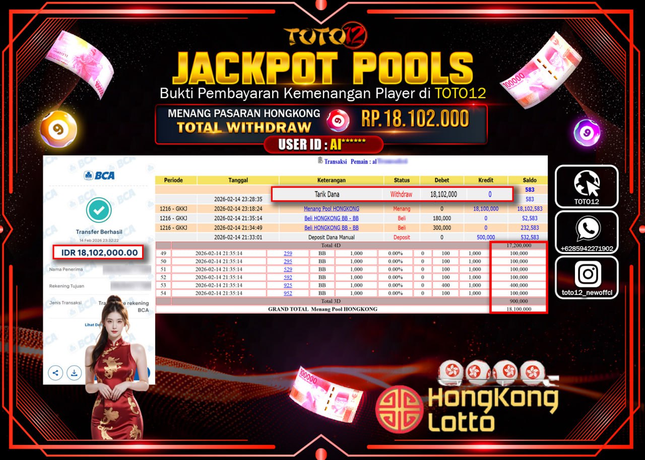 HANYA DI TOTO12 JP PASTI DI BAYAR LUNAS DAN CEPAT!!!!!! JACKPOT POOLS PASARAN (HONGKONG) Rp.18.102.000!!!!