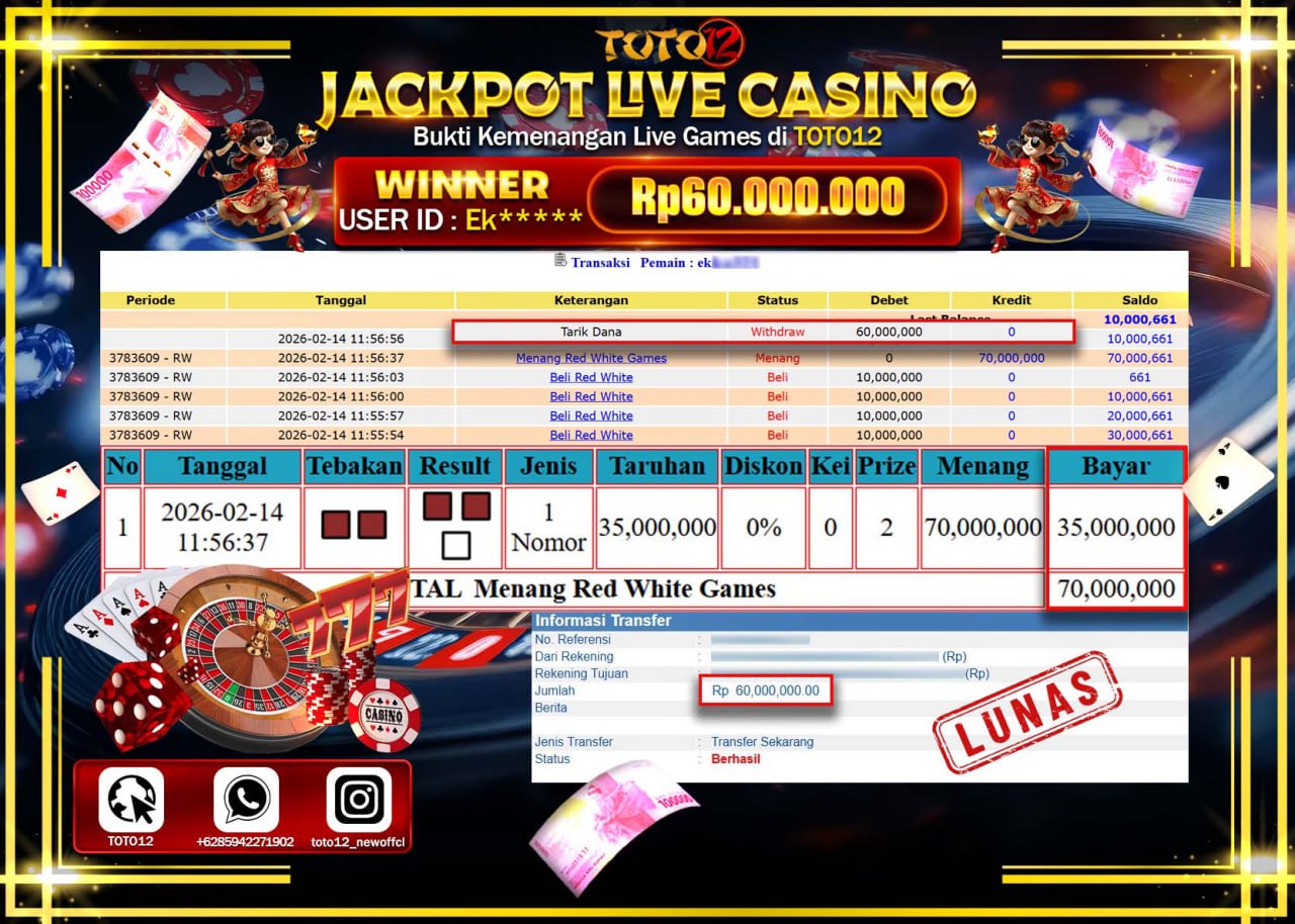 HANYA DI TOTO12 JP PASTI DI BAYAR LUNAS DAN CEPAT!!!!!! JACKPOT  LIVE GAME CASINO (RED WHITE) Rp.60.000.000!!!!