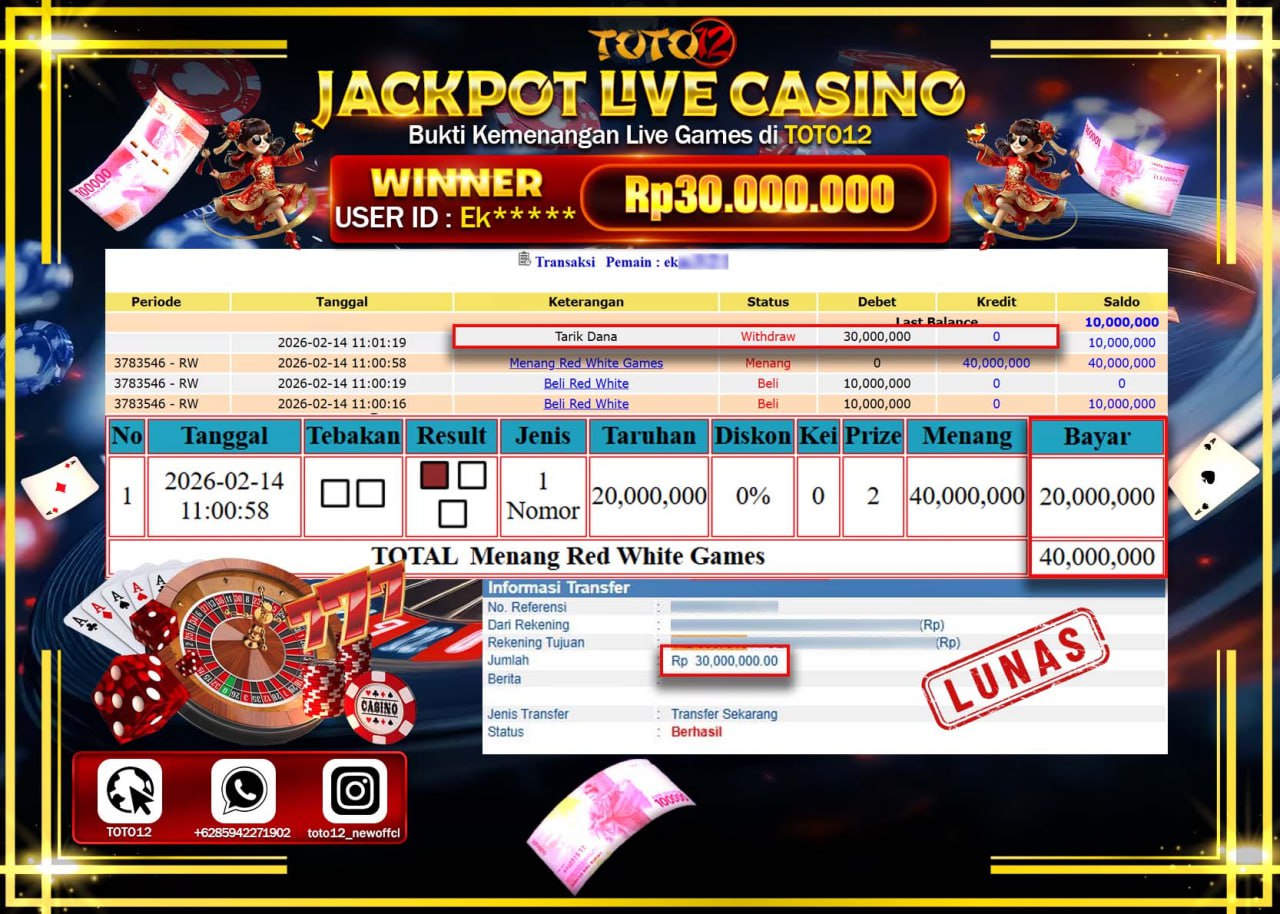 HANYA DI TOTO12 JP PASTI DI BAYAR LUNAS DAN CEPAT!!!!!! JACKPOT  LIVE GAME CASINO (RED WHITE) Rp.30.000.000!!!!