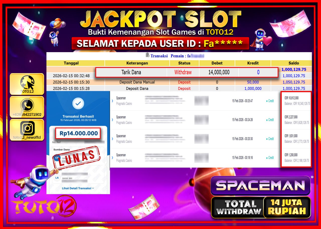 HANYA DI TOTO12 JP PASTI DI BAYAR LUNAS DAN CEPAT!!!!!! JACKPOT SLOT GAME (SPACEMAN) Rp.14.000.000!!!!