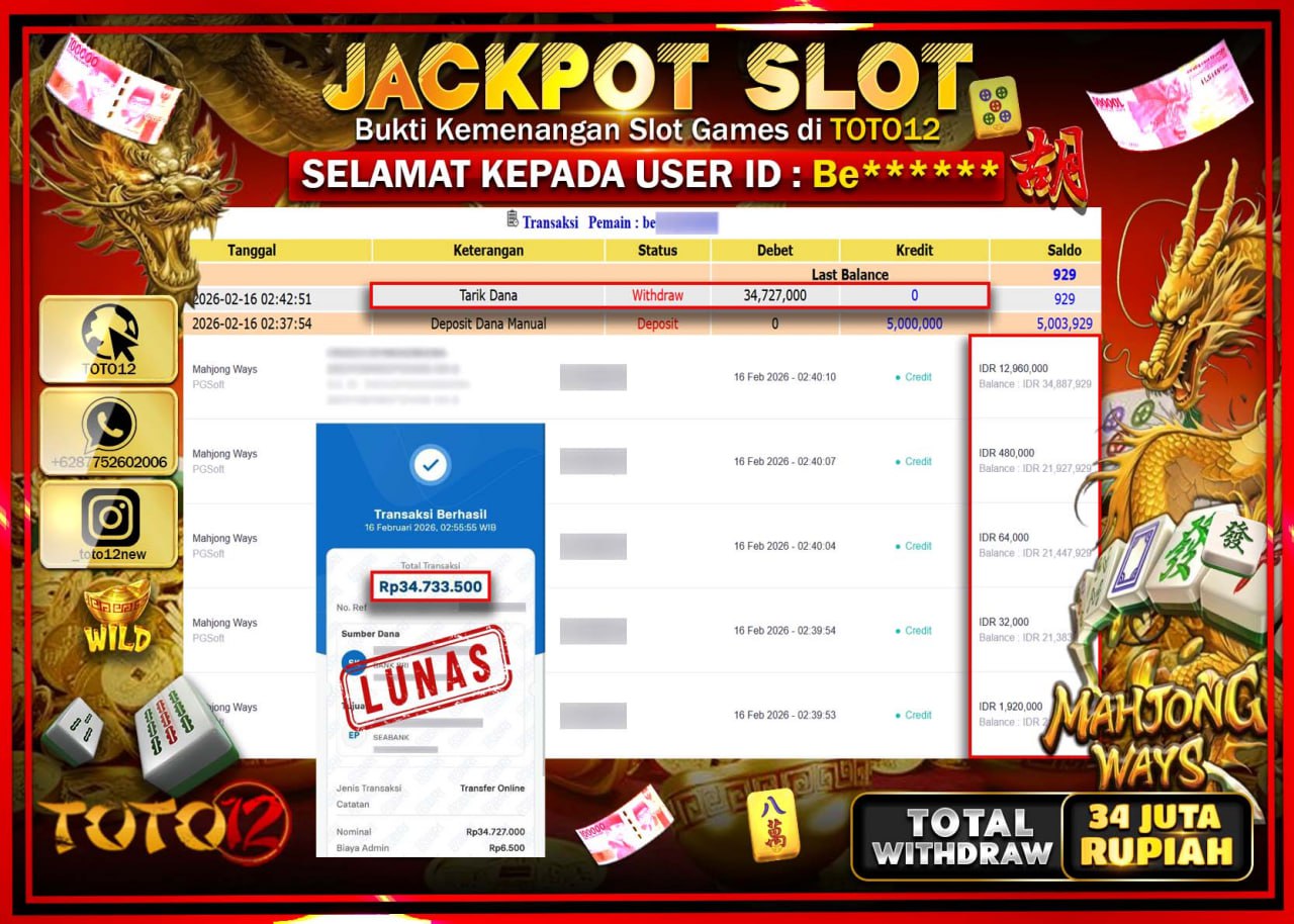 HANYA DI TOTO12 JP PASTI DI BAYAR LUNAS DAN CEPAT!!!!!! JACKPOT SLOT GAME (MAHJONG WAYS) Rp.34.727.000.!!!!