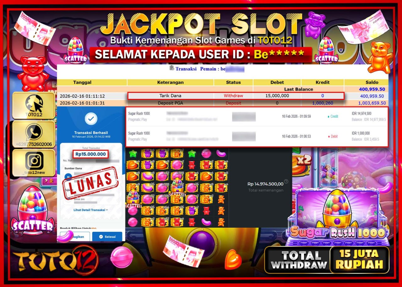 HANYA DI TOTO12 JP PASTI DI BAYAR LUNAS DAN CEPAT!!!!!! JACKPOT SLOT GAME (SUGAR RUSH 1000) Rp.15.000.000!!!!