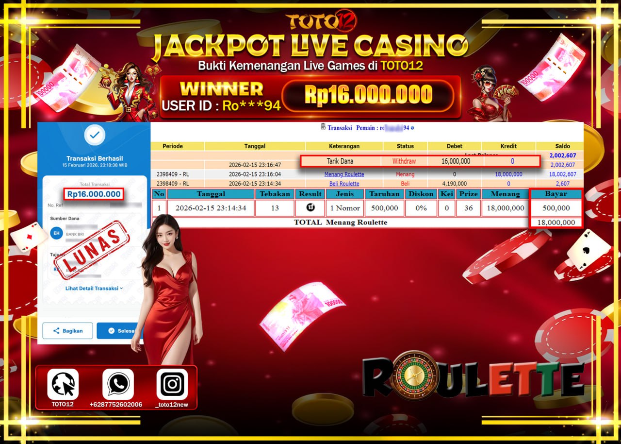 HANYA DI TOTO12 JP PASTI DI BAYAR LUNAS DAN CEPAT!!!!!! JACKPOT  LIVE GAME CASINO (ROULETTE) Rp.16.000.000!!!!