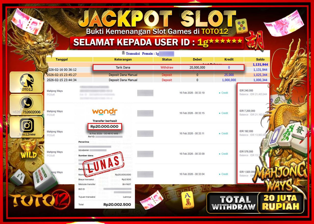 HANYA DI TOTO12 JP PASTI DI BAYAR LUNAS DAN CEPAT!!!!!! JACKPOT SLOT GAME (MAHJONG WAYS) Rp.20.000.000!!!!