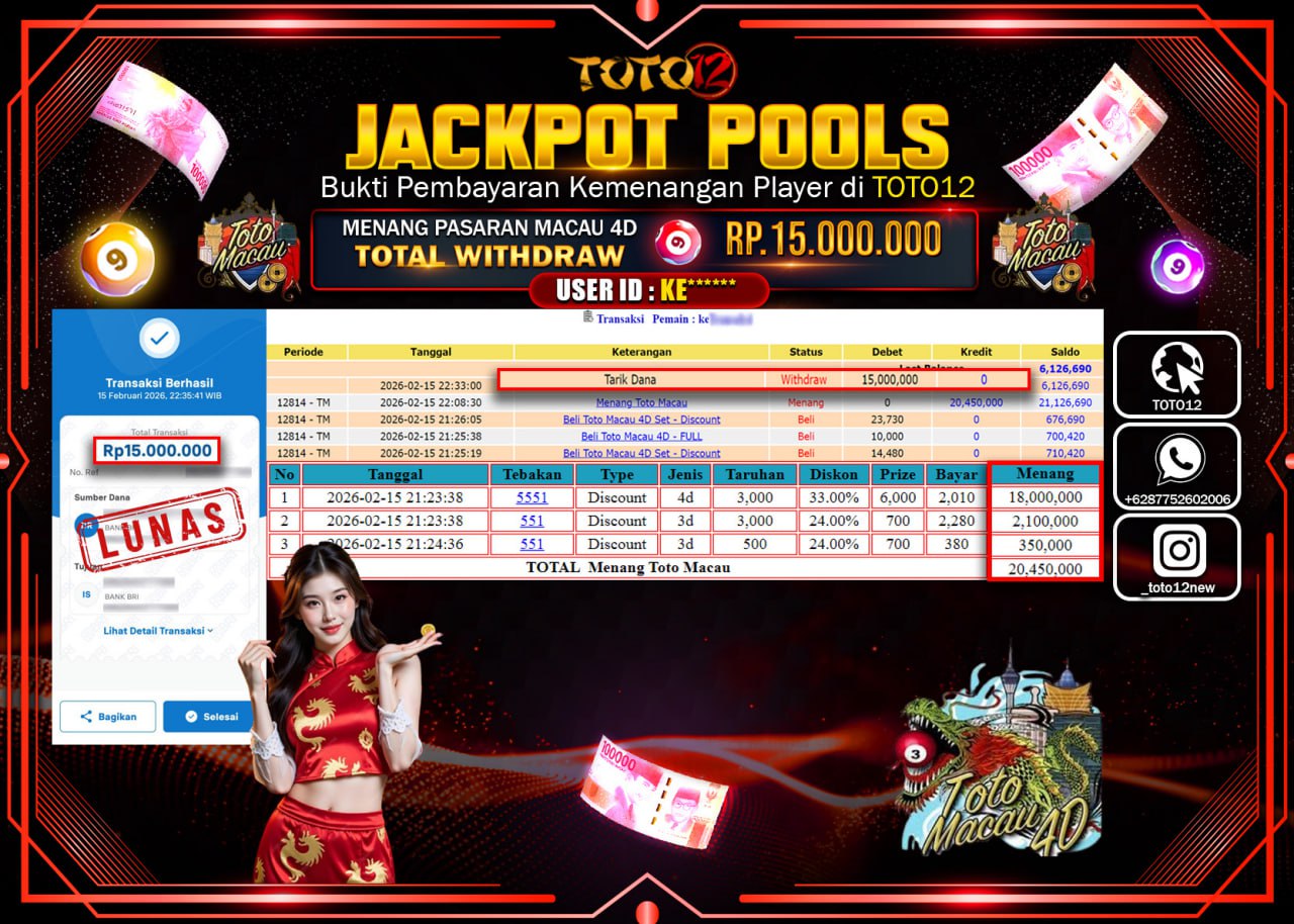 HANYA DI TOTO12 JP PASTI DI BAYAR LUNAS DAN CEPAT!!!!!! JACKPOT POOLS PASARAN (TOTOMACAU 4D) Rp.15.000.000!!!!