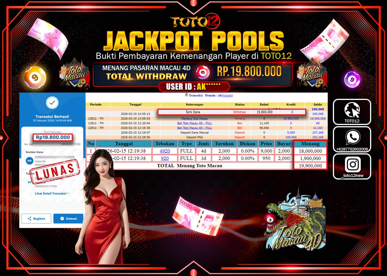 HANYA DI TOTO12 JP PASTI DI BAYAR LUNAS DAN CEPAT!!!!!! JACKPOT POOLS PASARAN (TOTOMACAU 4D) Rp.19.800.000!!!!