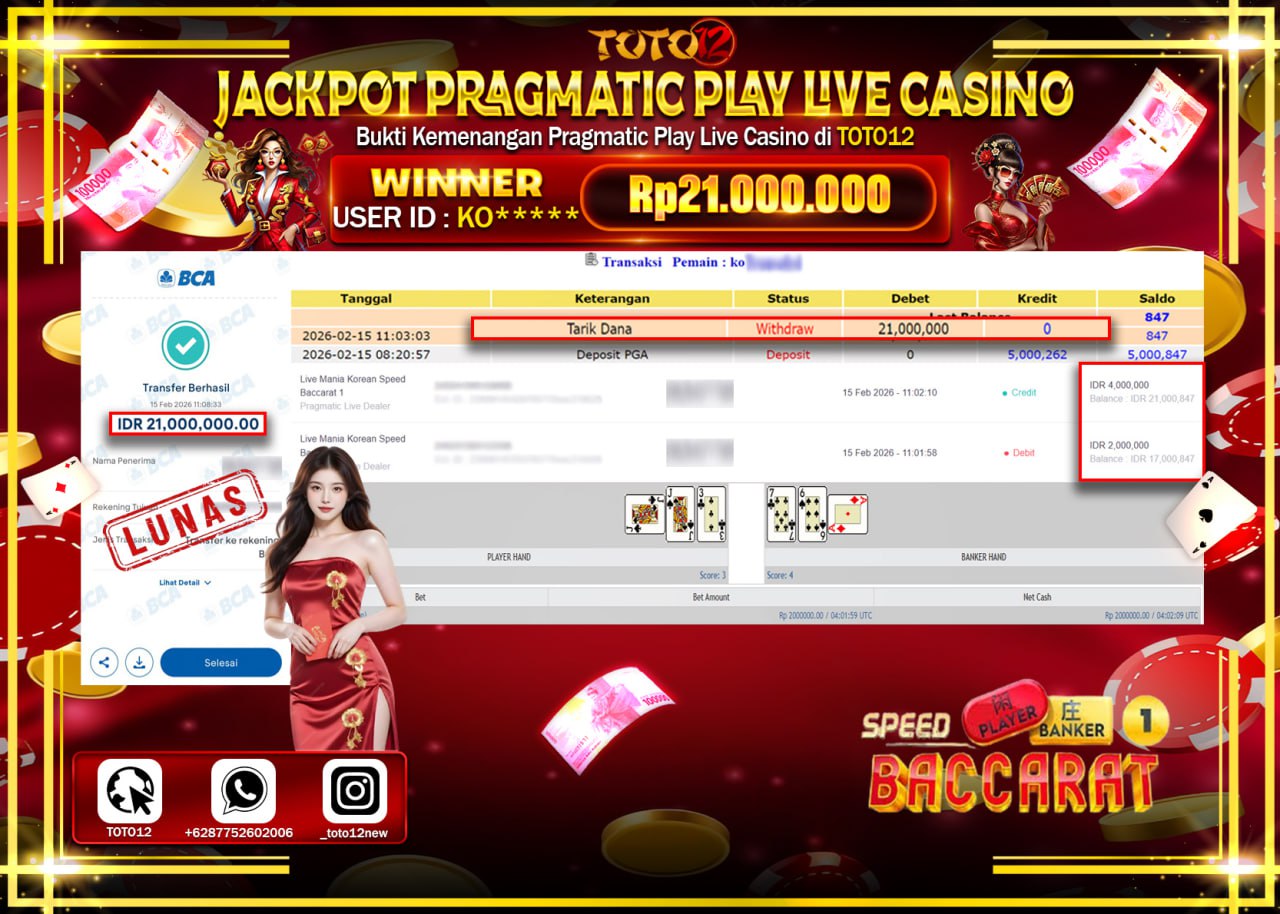 HANYA DI TOTO12 JP PASTI DI BAYAR LUNAS DAN CEPAT!!!!!! JACKPOT PRAGMATIC PLAY LIVE GAME CASINO (LIVE MANIA KOREAN SPEED BACCARAT 1) Rp.21.000.000!!!!