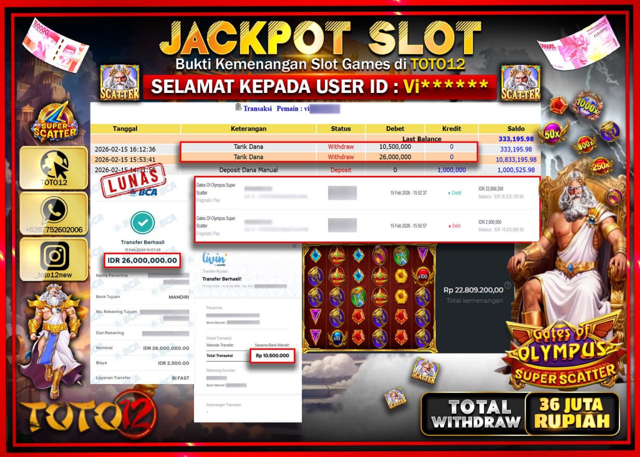 HANYA DI TOTO12 JP PASTI DI BAYAR LUNAS DAN CEPAT!!!!!! JACKPOT SLOT GAME (GATES OF OLYMPUS SUPER SCATTER ) Rp.36.500.000!!!!
