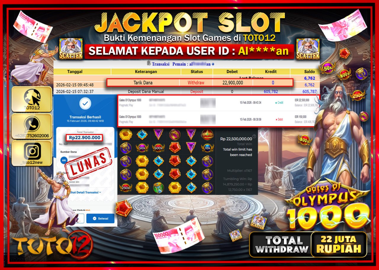 HANYA DI TOTO12 JP PASTI DI BAYAR LUNAS DAN CEPAT!!!!!! JACKPOT SLOT GAME (GATES OF OLYMPUS 1000) Rp.22.900.000!!!!