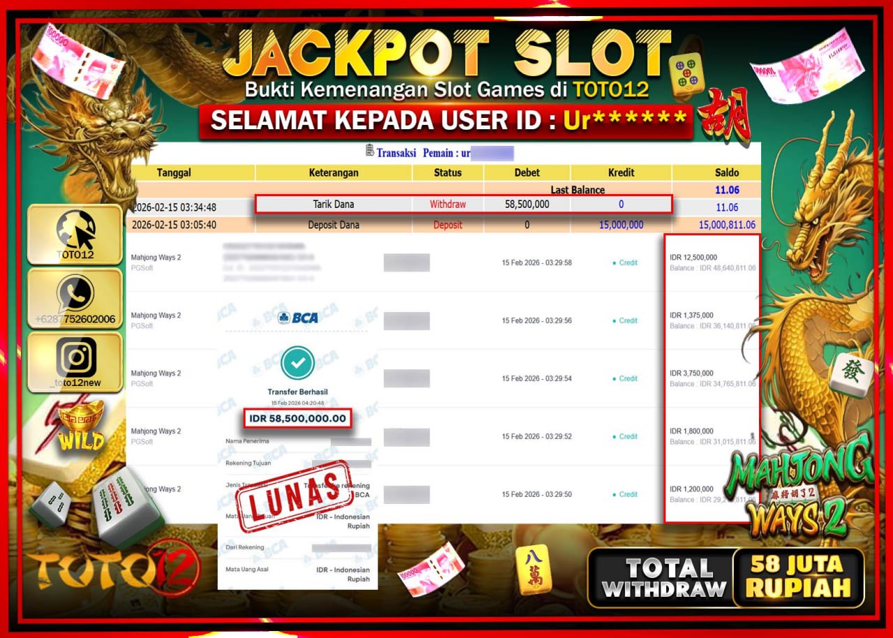 HANYA DI TOTO12 JP PASTI DI BAYAR LUNAS DAN CEPAT!!!!!! JACKPOT SLOT GAME (MAHJONG WAYS 2) Rp.58.500.000!!!!