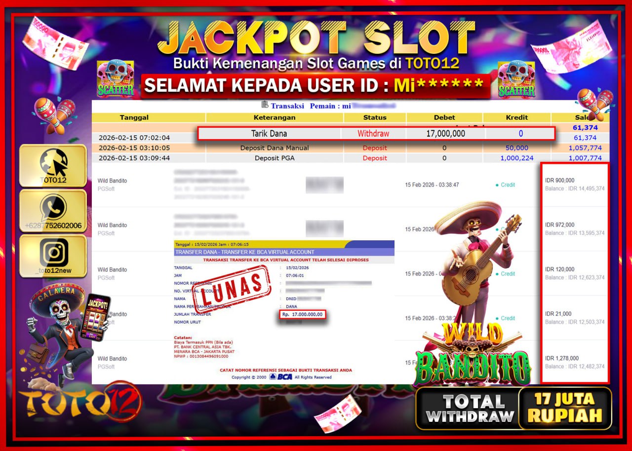 HANYA DI TOTO12 JP PASTI DI BAYAR LUNAS DAN CEPAT!!!!!! JACKPOT SLOT GAME (WILD BANDITO) Rp.17.000.000!!!!
