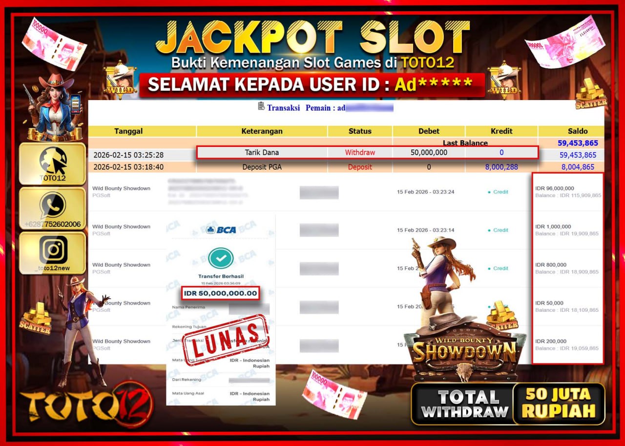 HANYA DI TOTO12 JP PASTI DI BAYAR LUNAS DAN CEPAT!!!!!! JACKPOT SLOT GAME (WILD BOUNTY SHOWDOWN) Rp.50.000.000!!!!