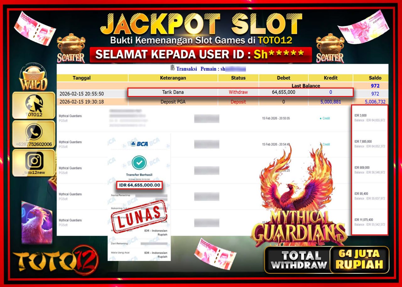 HANYA DI TOTO12 JP PASTI DI BAYAR LUNAS DAN CEPAT!!!!!! JACKPOT SLOT GAME (MYTHICAL GUARDIANS) Rp.64.655.000!!!!