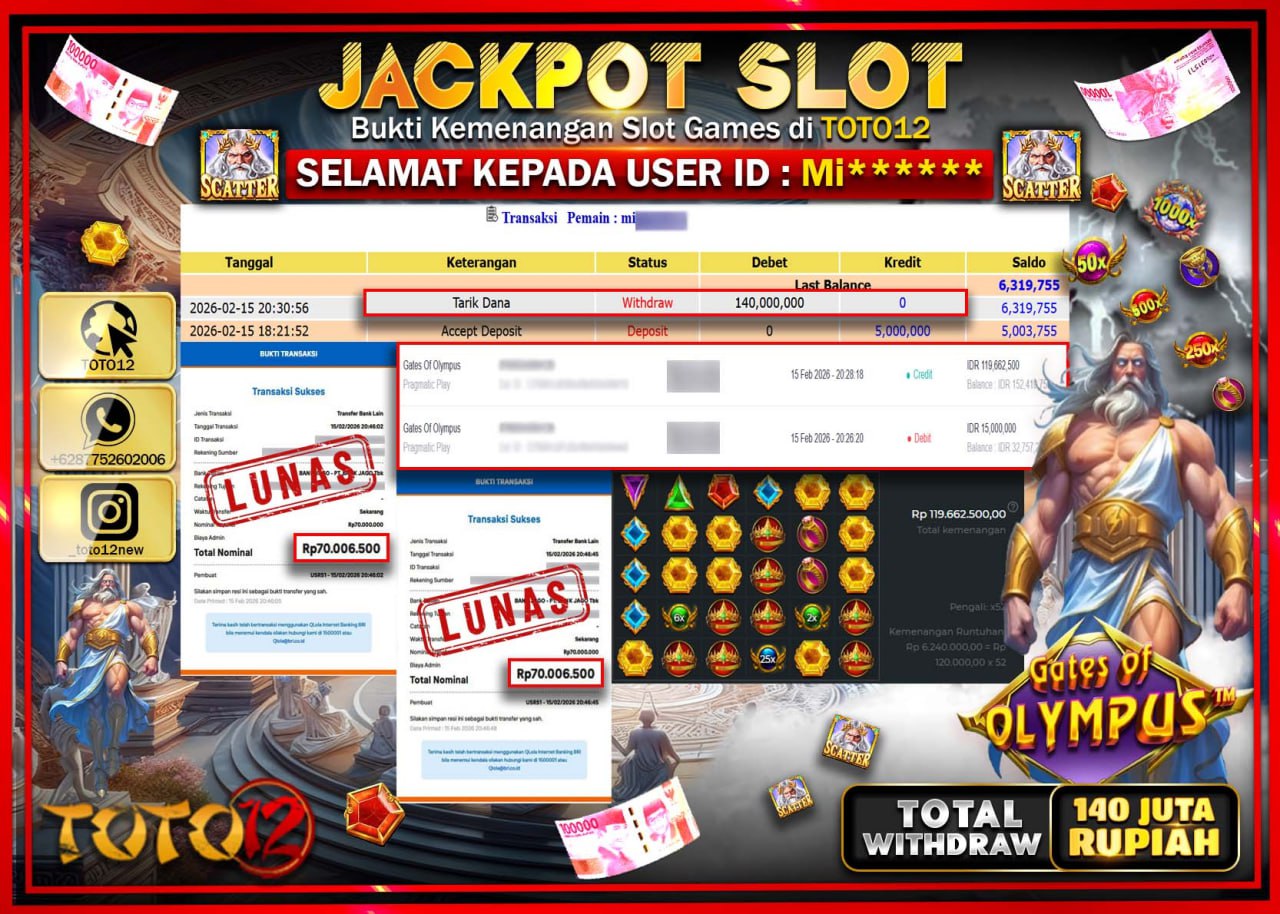 HANYA DI TOTO12 JP PASTI DI BAYAR LUNAS DAN CEPAT!!!!!! JACKPOT SLOT GAME (GATES OF OLYMPUS) Rp.140.000.000!!!!