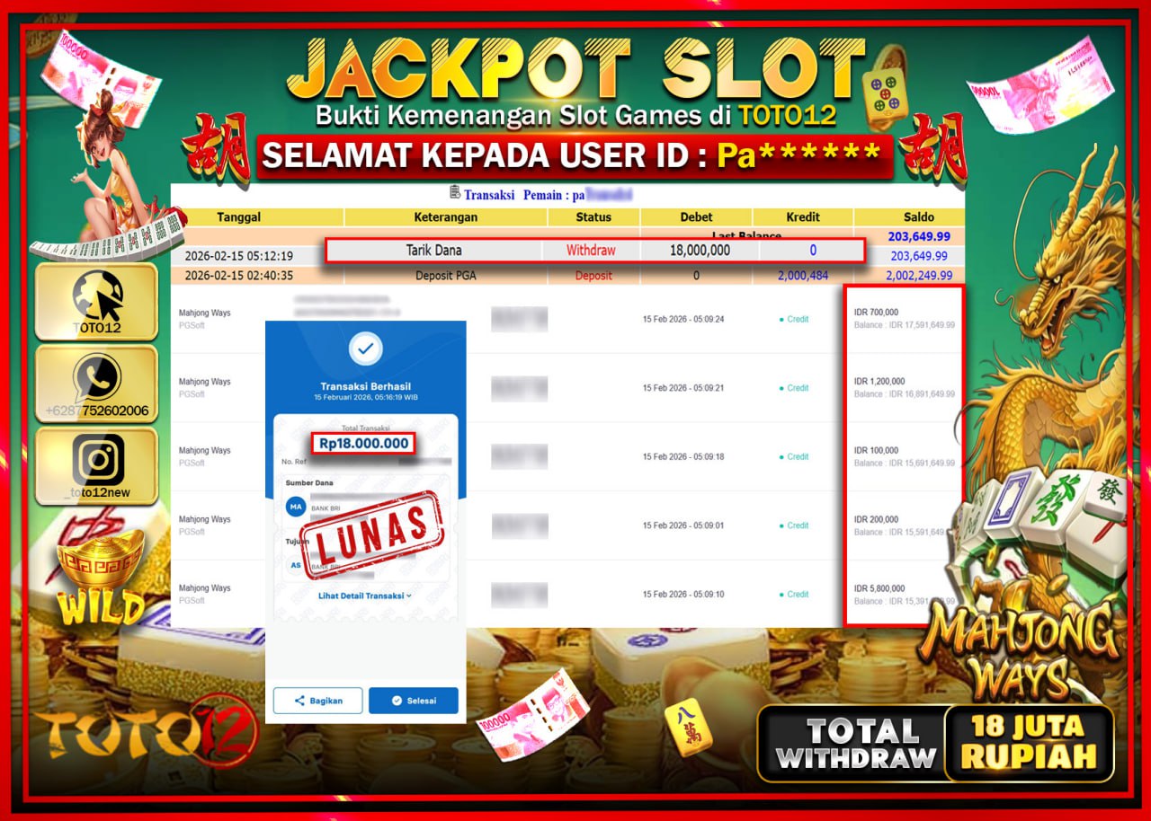 HANYA DI TOTO12 JP PASTI DI BAYAR LUNAS DAN CEPAT!!!!!! JACKPOT SLOT GAME (MAHJONG WAYS) Rp.18.000.000!!!!