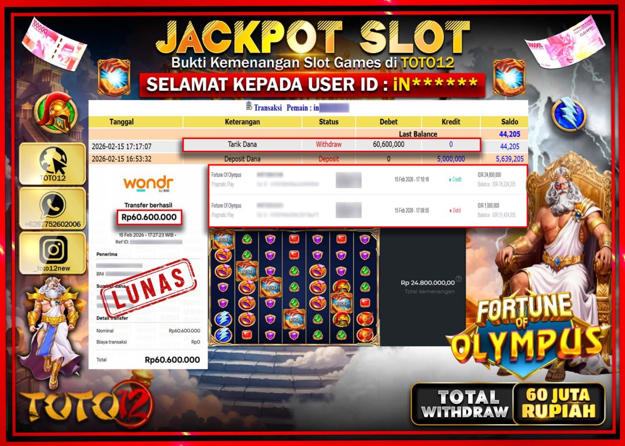 HANYA DI TOTO12 JP PASTI DI BAYAR LUNAS DAN CEPAT!!!!!! JACKPOT SLOT GAME (FORTUNE OF OLYMPUS) Rp.60.600.000!!!!