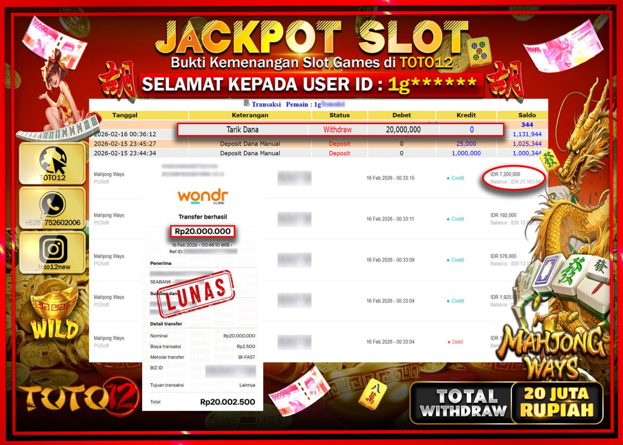 HANYA DI TOTO12 JP PASTI DI BAYAR LUNAS DAN CEPAT!!!!!! JACKPOT SLOT GAME (MAHJONG WAYS) Rp.20.000.000!!!!