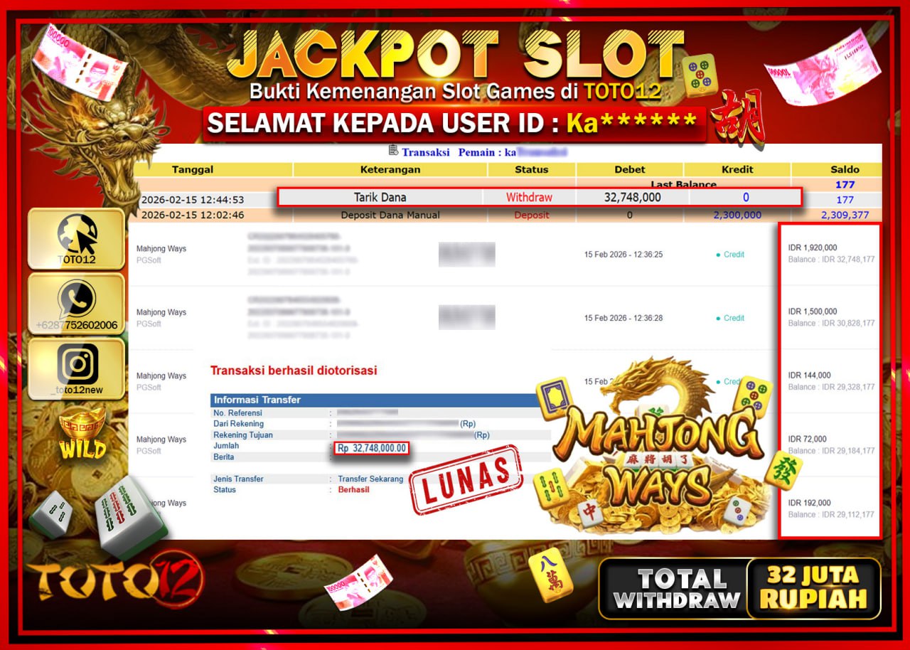 HANYA DI TOTO12 JP PASTI DI BAYAR LUNAS DAN CEPAT!!!!!! JACKPOT SLOT GAME (MAHJONG WAYS) Rp.32.748.000!!!!