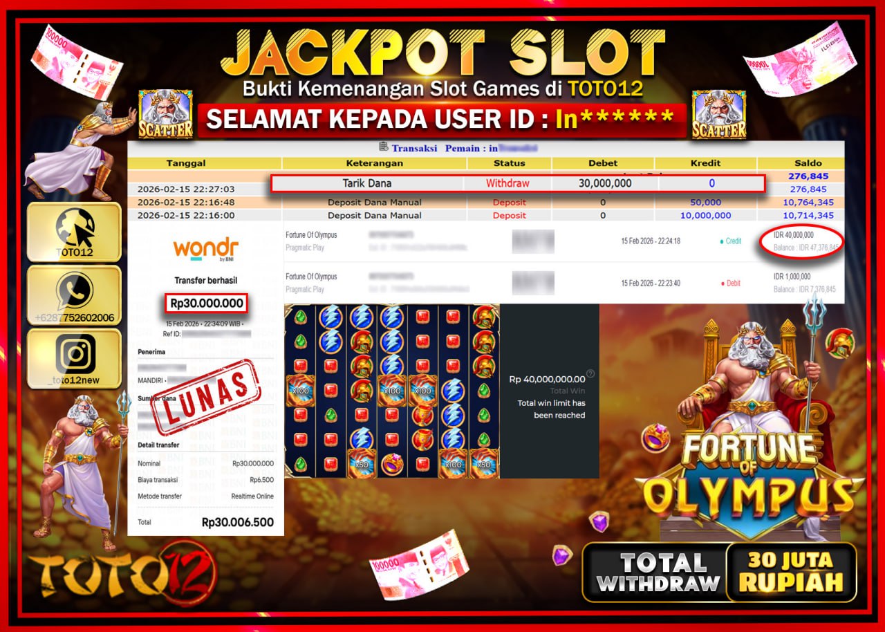 HANYA DI TOTO12 JP PASTI DI BAYAR LUNAS DAN CEPAT!!!!!! JACKPOT SLOT GAME (FORTUNE OF OLYMPUS) Rp.30.000.000!!!!