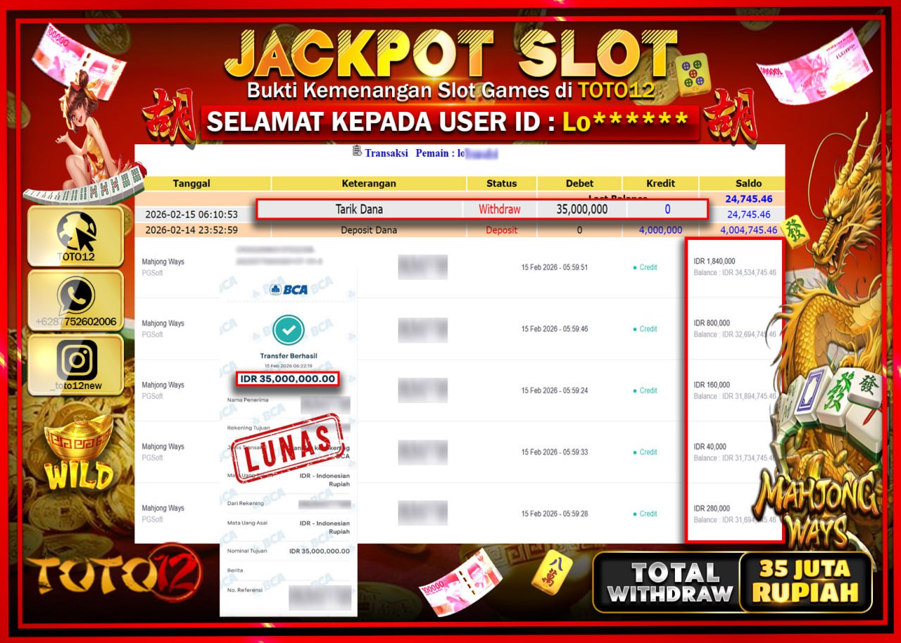 HANYA DI TOTO12 JP PASTI DI BAYAR LUNAS DAN CEPAT!!!!!! JACKPOT SLOT GAME (MAHJONG WAYS) Rp.35.000.000!!!!