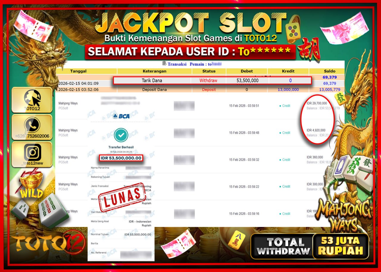HANYA DI TOTO12 JP PASTI DI BAYAR LUNAS DAN CEPAT!!!!!! JACKPOT SLOT GAME (MAHJONG WAYS) Rp.53.500.000!!!!