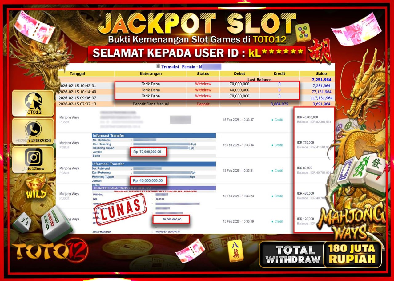HANYA DI TOTO12 JP PASTI DI BAYAR LUNAS DAN CEPAT!!!!!! JACKPOT SLOT GAME (MAHJONG WAYS) Rp.180.000.000!!!!