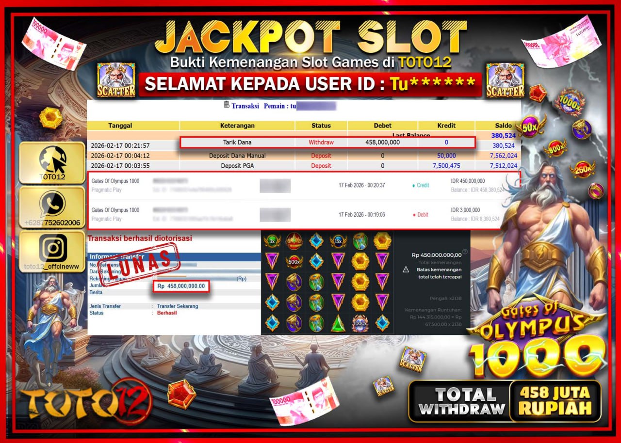 HANYA DI TOTO12 JP PASTI DI BAYAR LUNAS DAN CEPAT!!!!!! JACKPOT SLOT GAME (GATES OF OLYMPUS 1000) Rp.458.000.000!!!!